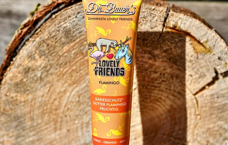 Dr.Bauer’s vaikiška dantų pasta apelsinų ir mėtų skonio Flamingo, 90 ml.