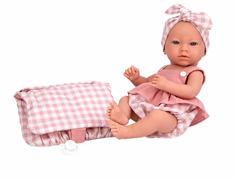 Arias lėlė su languotais, rožiniais rūbeliais, mergaitė, 38 cm