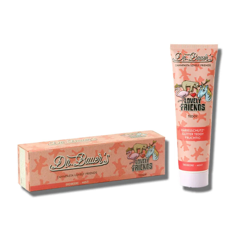 Dr.Bauer’s vaikiška dantų pasta braškių ir mėtos skonio Teddy, 90 ml.