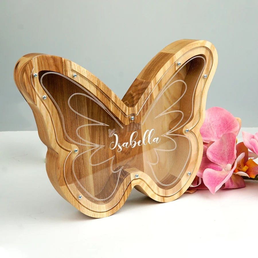 Didelė medinė taupyklė „Šviesus drugelis“ (Galimas graviravimas)