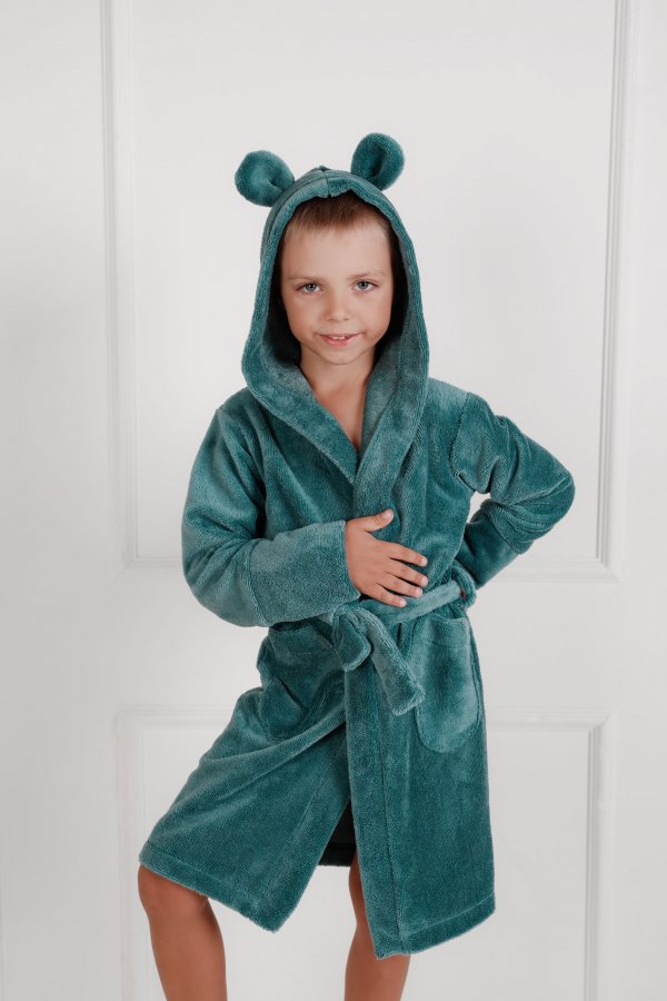 Žalias vaikiškas frotinis chalatas su gaubtuvu