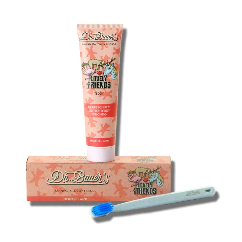 Dr.Bauer’s vaikiška dantų pasta braškių ir mėtos skonio Teddy, 90 ml.