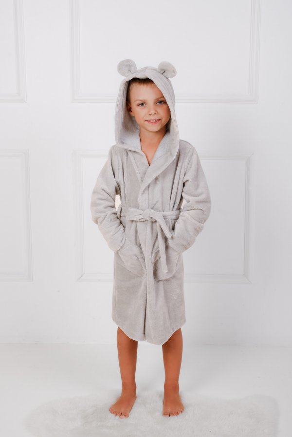 Pilkas vaikiškas frotinis chalatas su gaubtuvu