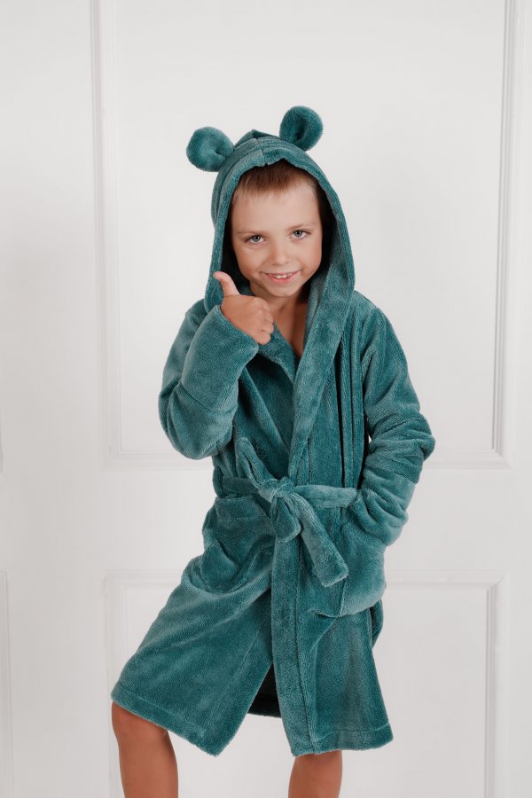 Žalias vaikiškas frotinis chalatas su gaubtuvu